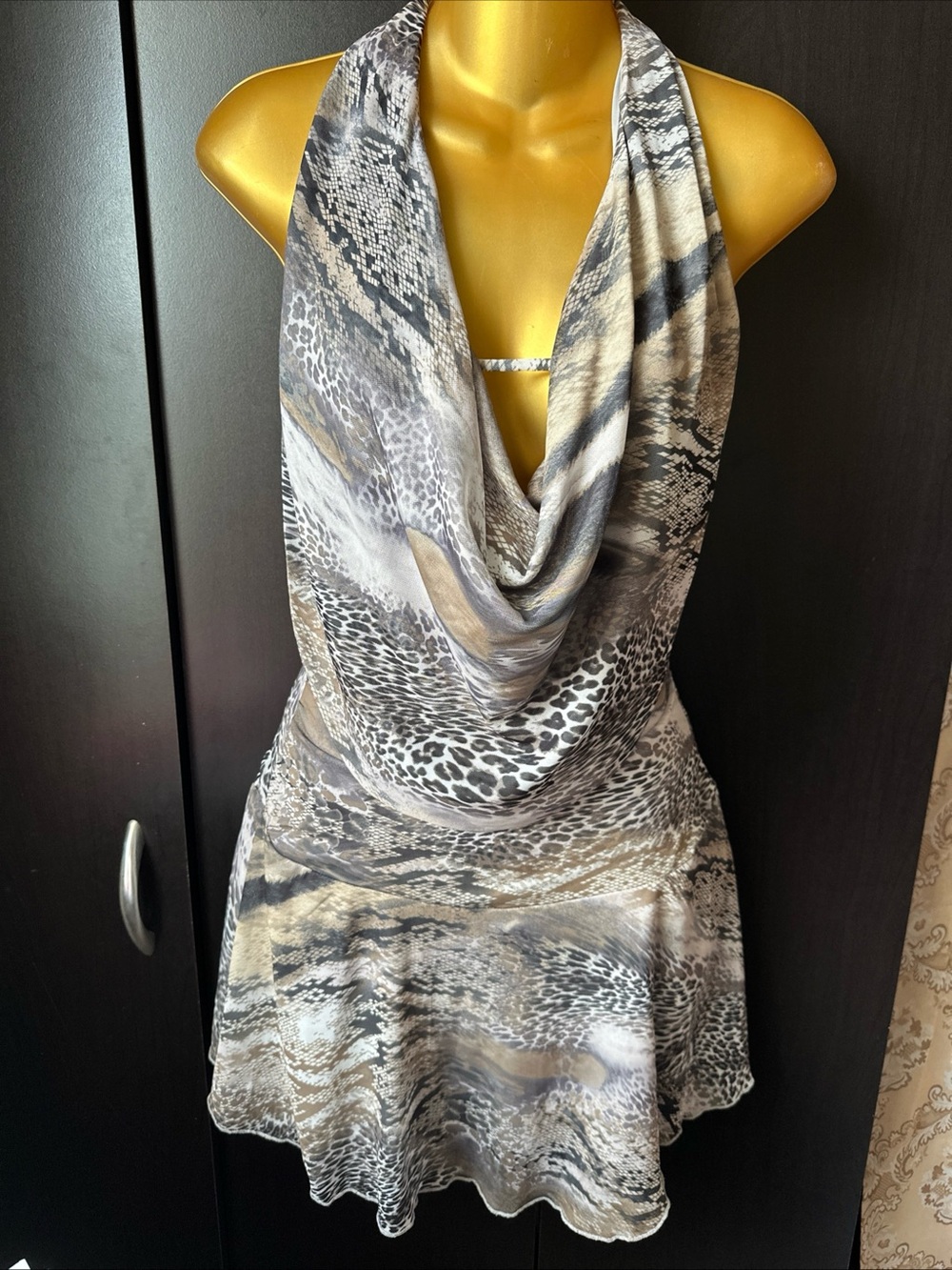 Animal Print Cowl Neck Women's Dress - Gray/Tan